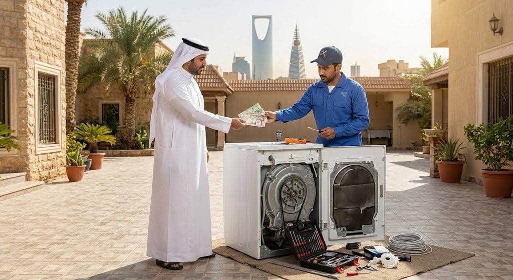 فني محترف يقوم بفحص وتصليح الغسالات الأتوماتيك بدقة وإتقان باستخدام أحدث المعدات ضمن خدمات تصليح الغسالات الاتوماتيك بالجهراء لضمان استعادة كفاءتها التشغيلية وراحة العملاء.