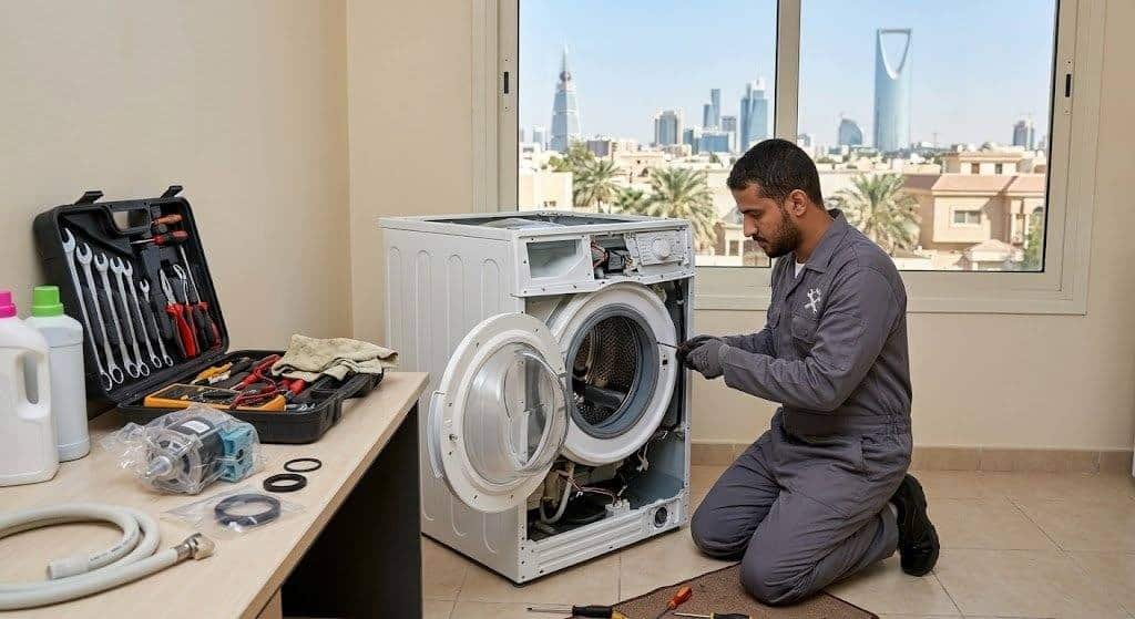 فني محترف يقوم بفحص وصيانة الغسالة بدقة وإتقان باستخدام أحدث المعدات ضمن خدمات تصليح غسالات المسيله بالكويت لضمان أعلى كفاءة للتشغيل وراحة العملاء.