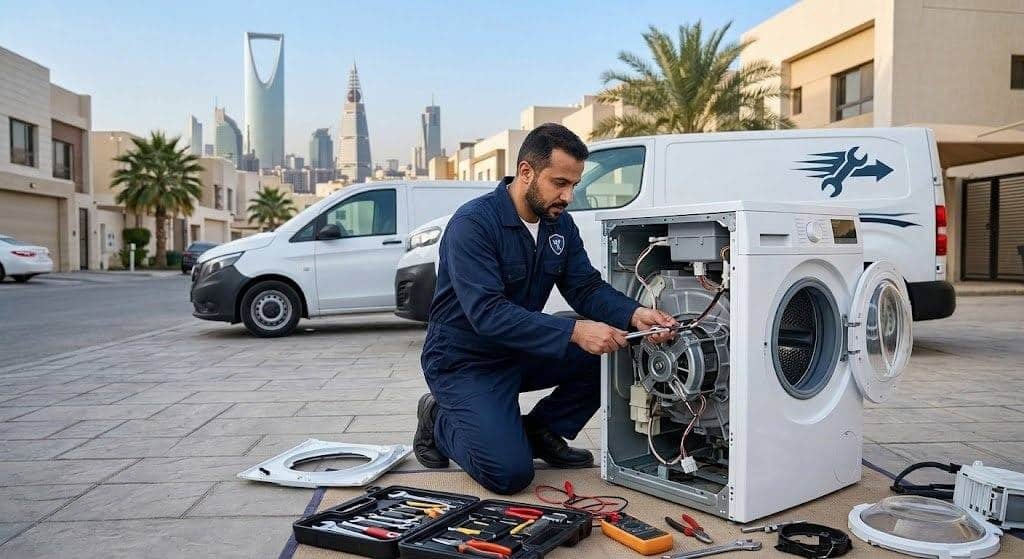 فني صيانة محترف يقوم بفحص وتصليح الغسالات الأتوماتيك بدقة وأمان ضمن خدمات تصليح غسالات اتوماتيك بالكويت لضمان استعادة كفاءتها وراحة العملاء.