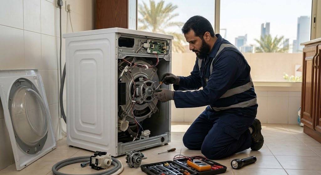 فني محترف يقوم بأعمال فحص وصيانة الغسالات بدقة وأمان باستخدام أحدث المعدات وقطع الغيار الأصلية ضمن خدمات تصليح غسالات أبوحليفة بالكويت لضمان الأداء المثالي وراحة العملاء.