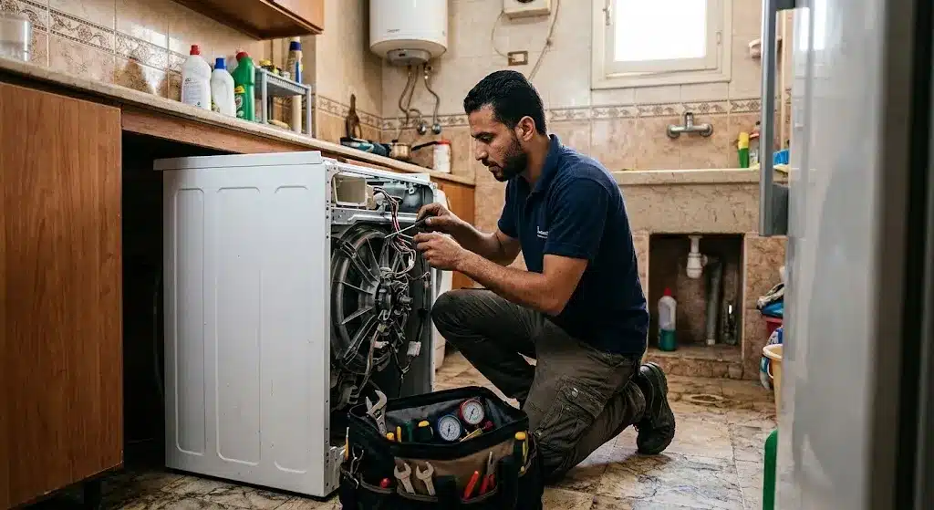 فني محترف يقوم بأعمال فحص وتصليح غسالات اتوماتيك بدقة وأمان باستخدام أحدث المعدات وقطع الغيار الأصلية ضمن خدمات تصليح غسالات اتوماتيك بالجهراء لضمان استعادة كفاءة التشغيل وراحة العملاء.