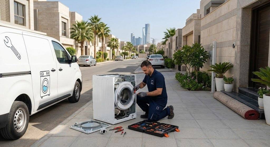 فني محترف يقوم بأعمال فحص وصيانة الغسالات بدقة وأمان باستخدام أحدث المعدات وقطع الغيار الأصلية ضمن خدمات تصليح غسالات الصالحية بالكويت لضمان كفاءة التشغيل وراحة العملاء.