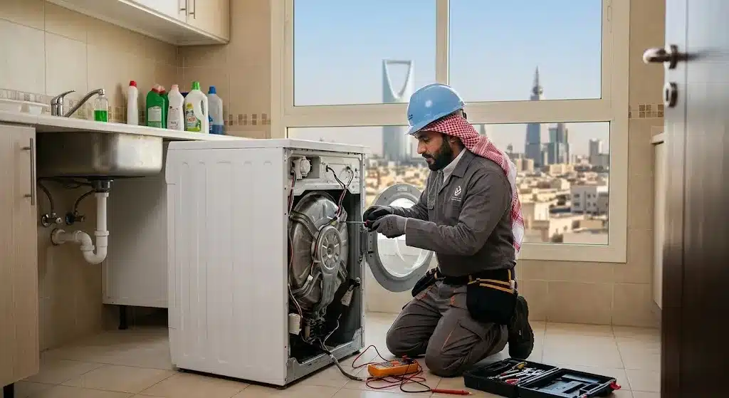 فني محترف يقوم بأعمال فحص وصيانة وتصليح الغسالات بدقة وأمان باستخدام أحدث المعدات وقطع الغيار الأصلية ضمن خدمات تصليح غسالات السالمية بالكويت لضمان كفاءة التشغيل وراحة العملاء.