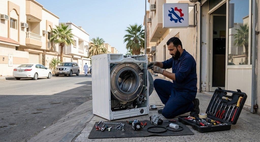 فني محترف يقوم بأعمال فحص وصيانة الغسالات بدقة وأمان باستخدام أحدث المعدات وقطع الغيار الأصلية ضمن خدمات محلات تصليح غسالات بالكويت لضمان كفاءة التشغيل وراحة العملاء.